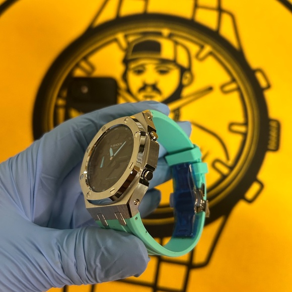 Casio G-Shock GA-2100 “CasiOak” – Silver Custom Bezel, Turquoise Strap, Analog-D - Picture 4 of 11